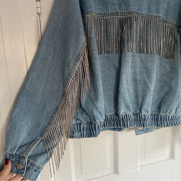Free People Rhinestone Fringe Denim Bomber Jacket Meteor Wash XL - Picture 7 of 10